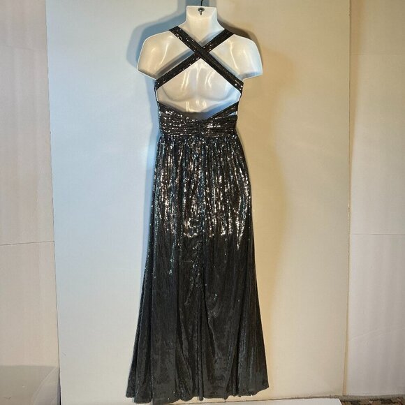 Verte SZ S  Blue Gray Grecian Halter Cut Sequin Maxi old glamour party prom - Picture 6 of 13